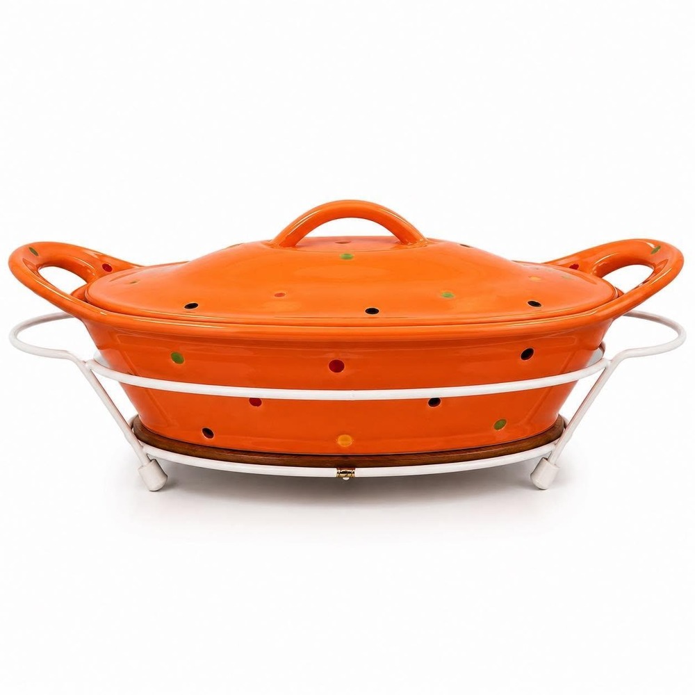 Temp-Tations By Tara Polka Dot Spice Oval Casserole Lid Stand Orange 2.5 Qt